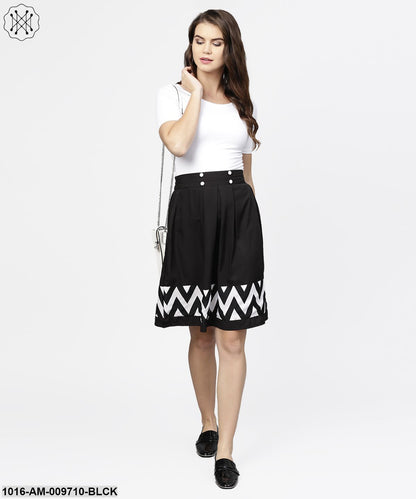 Black & White Printed Flared Skirt With Button