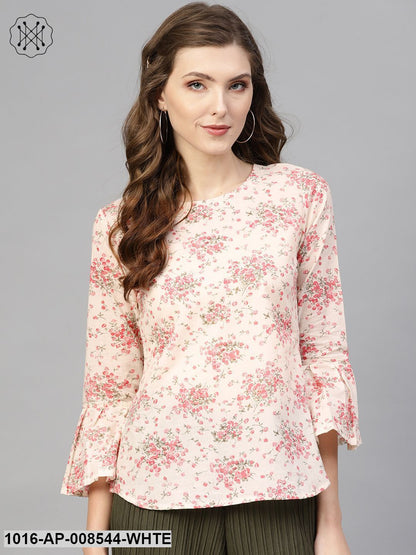 White & Pink Floral Printed Top With Round Neck & 3/4 Flared Sleeves