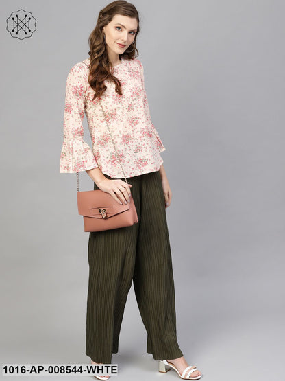 White & Pink Floral Printed Top With Round Neck & 3/4 Flared Sleeves