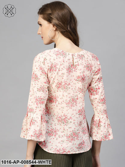 White & Pink Floral Printed Top With Round Neck & 3/4 Flared Sleeves