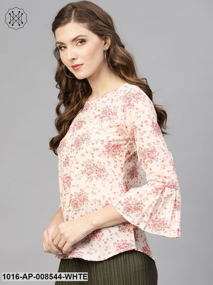 White & Pink Floral Printed Top With Round Neck & 3/4 Flared Sleeves