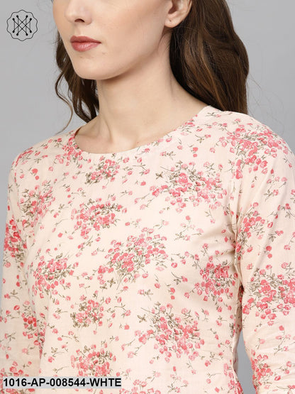 White & Pink Floral Printed Top With Round Neck & 3/4 Flared Sleeves
