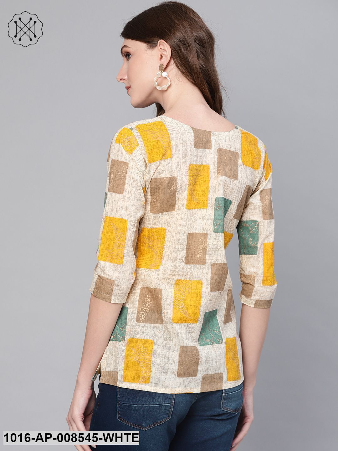 Off White & Multi Colored Printed Top With Round Neck & 3/4 Sleeves