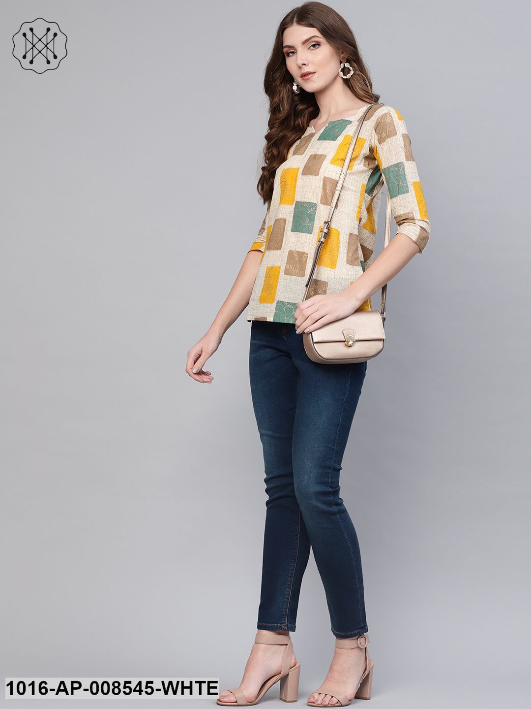 Off White & Multi Colored Printed Top With Round Neck & 3/4 Sleeves