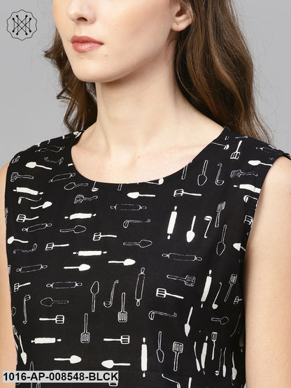 Black & White Printed Sleeveless Top With Round Neck