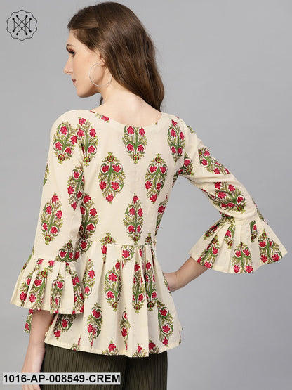 Cream Multi Colored Floral Printed Top With Round & 3/4 Sleeves