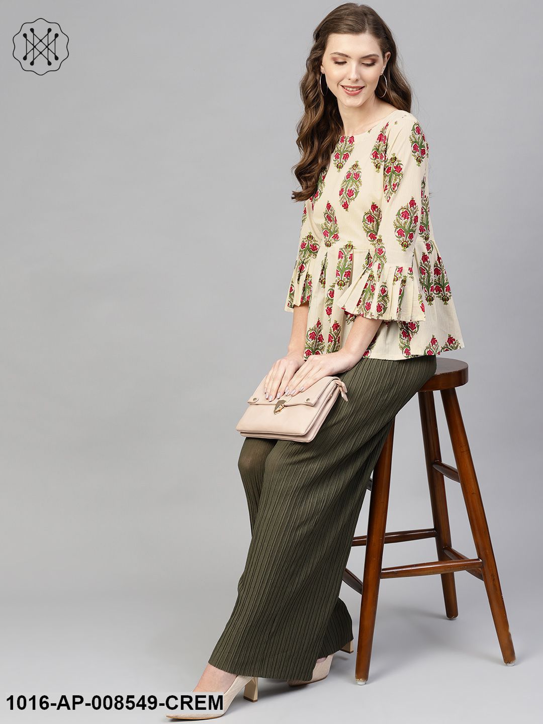 Cream Multi Colored Floral Printed Top With Round & 3/4 Sleeves