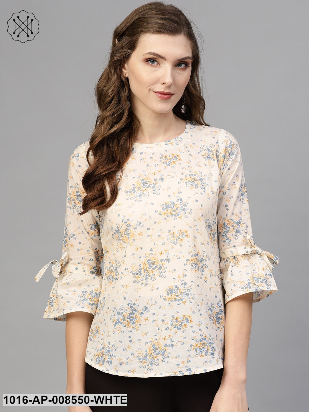 White & Blue Floral Printed Top With Round Neck & Flared Sleeves