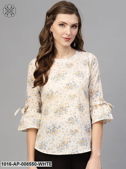 White & Blue Floral Printed Top With Round Neck & Flared Sleeves