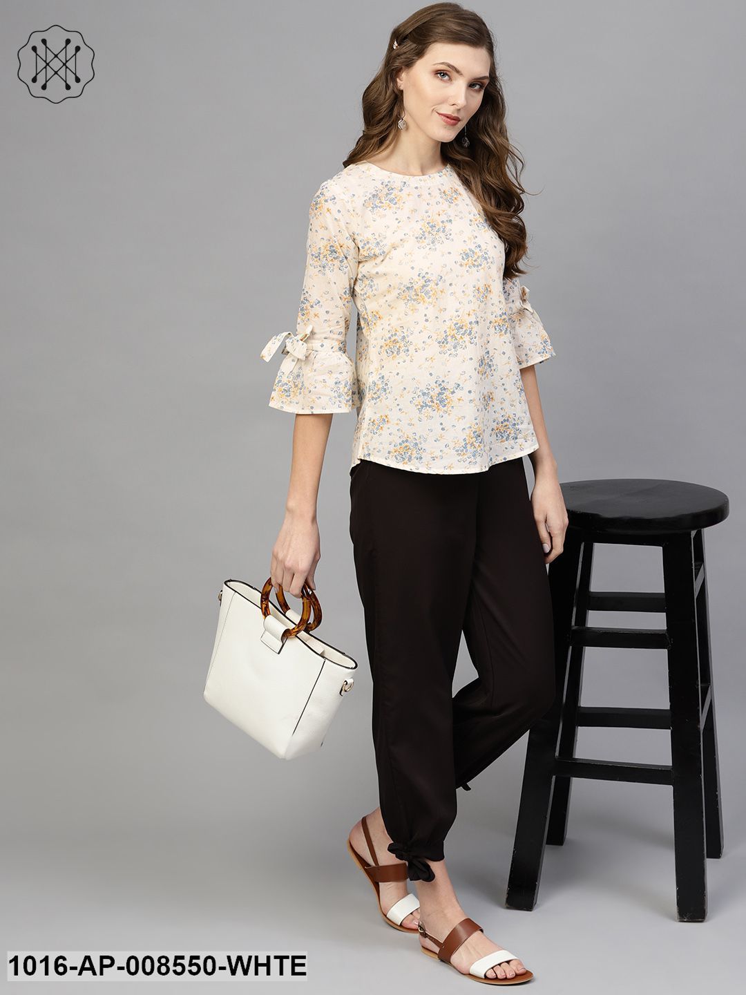 White & Blue Floral Printed Top With Round Neck & Flared Sleeves