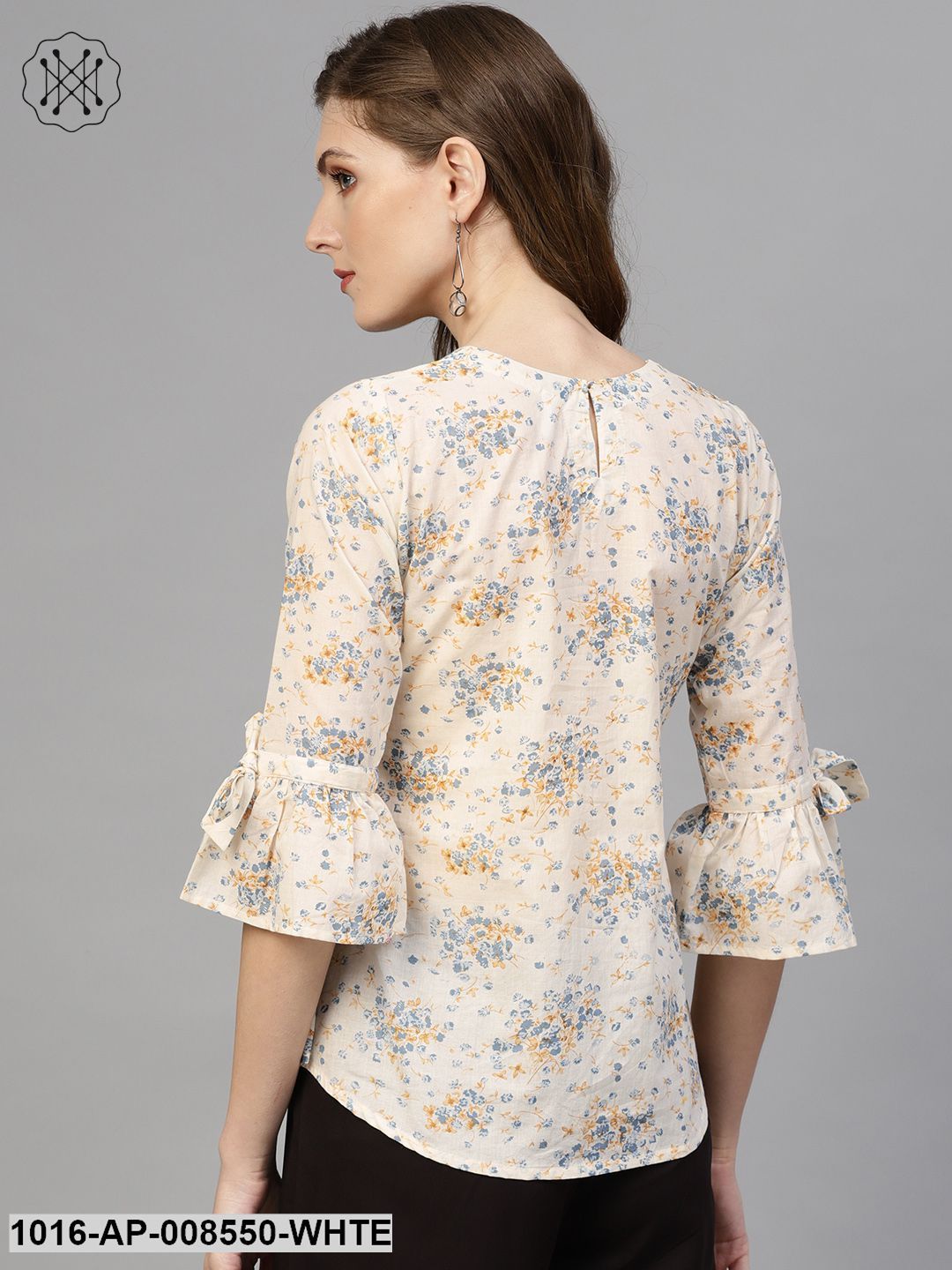 White & Blue Floral Printed Top With Round Neck & Flared Sleeves