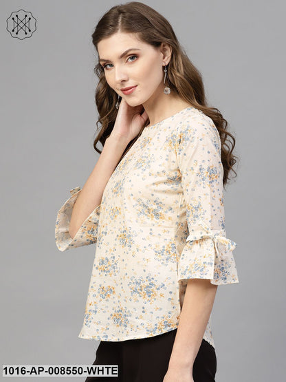 White & Blue Floral Printed Top With Round Neck & Flared Sleeves