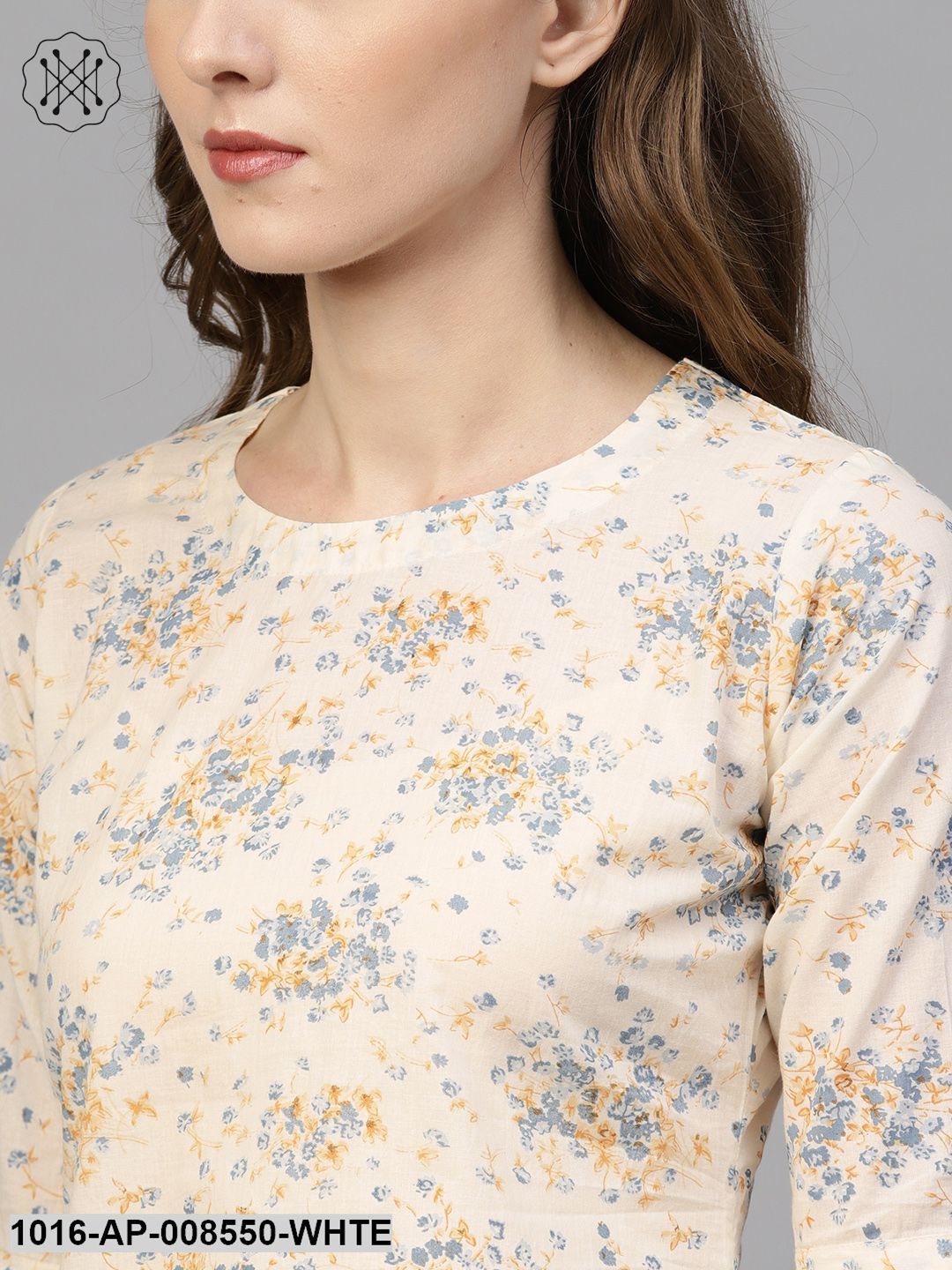 White & Blue Floral Printed Top With Round Neck & Flared Sleeves