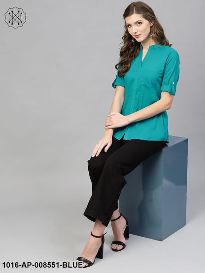 Turquoise Blue Top With Mandarin Collar & 3/4 Sleeves