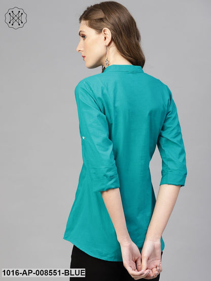 Turquoise Blue Top With Mandarin Collar & 3/4 Sleeves