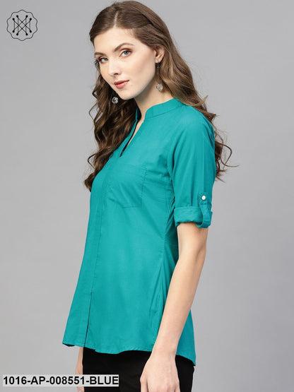 Turquoise Blue Top With Mandarin Collar & 3/4 Sleeves