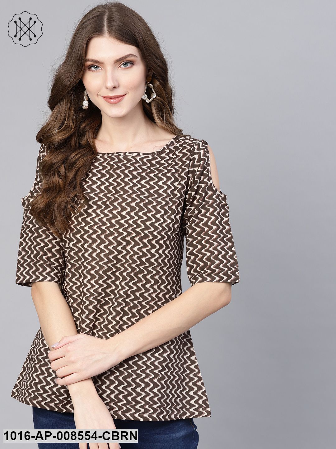 Beige & Brown Chevron Printed Boat Neck Top With 3/4Th Sleeves