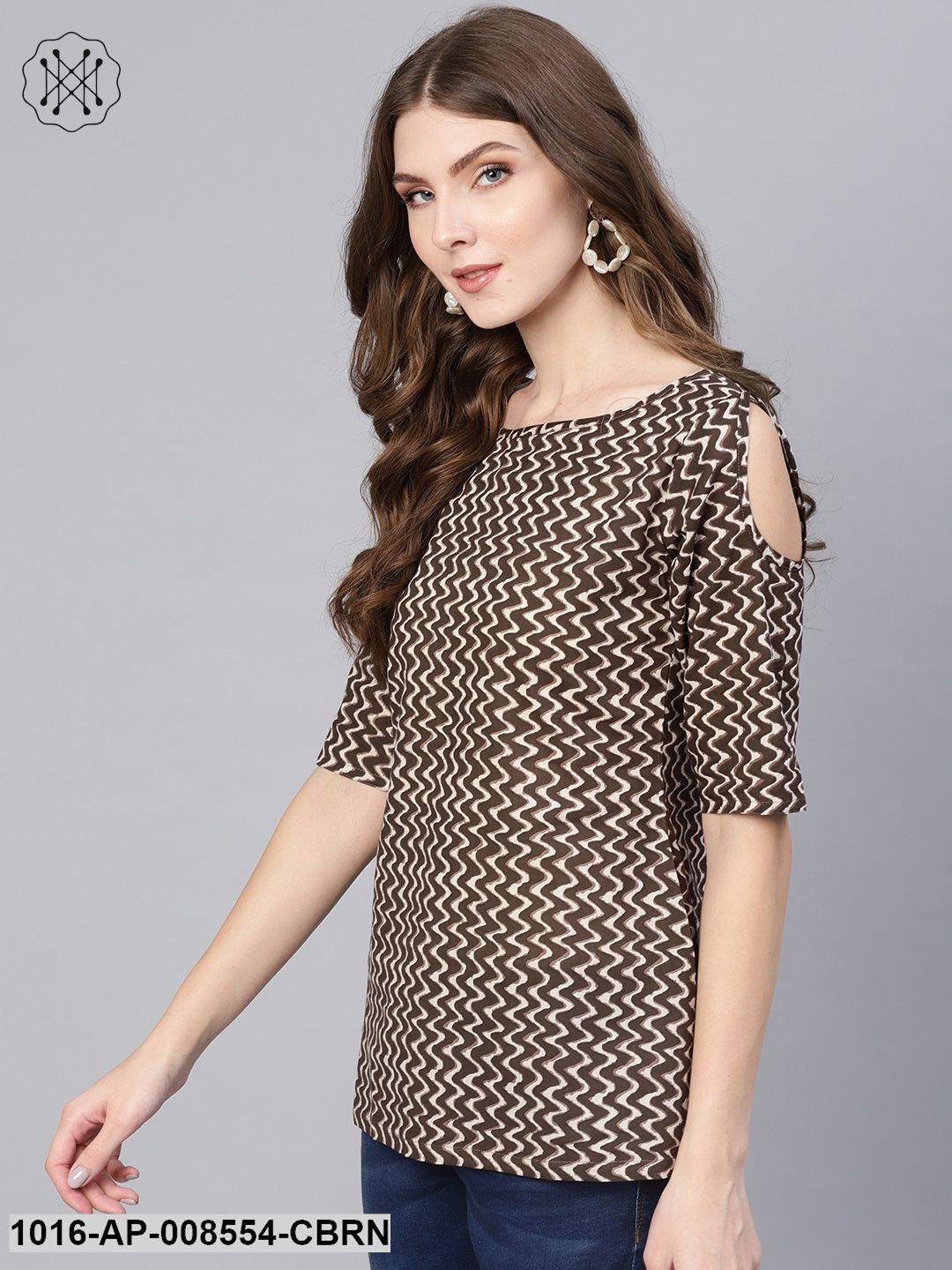Beige & Brown Chevron Printed Boat Neck Top With 3/4Th Sleeves