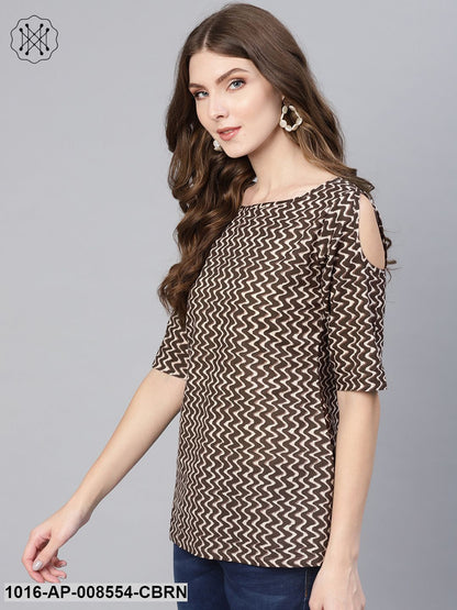 Beige & Brown Chevron Printed Boat Neck Top With 3/4Th Sleeves