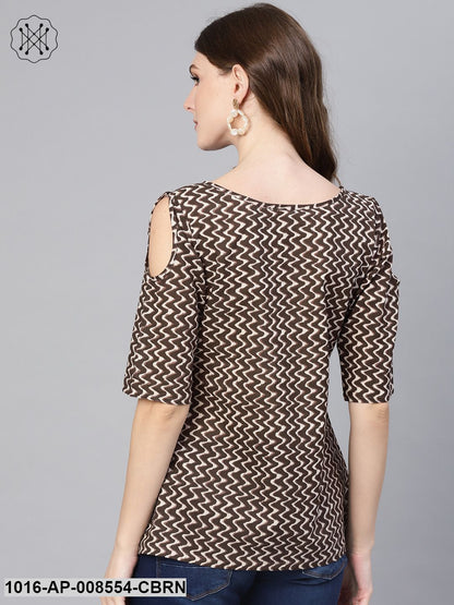 Beige & Brown Chevron Printed Boat Neck Top With 3/4Th Sleeves