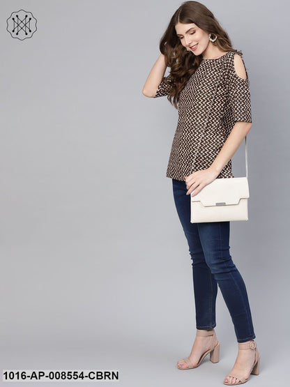 Beige & Brown Chevron Printed Boat Neck Top With 3/4Th Sleeves