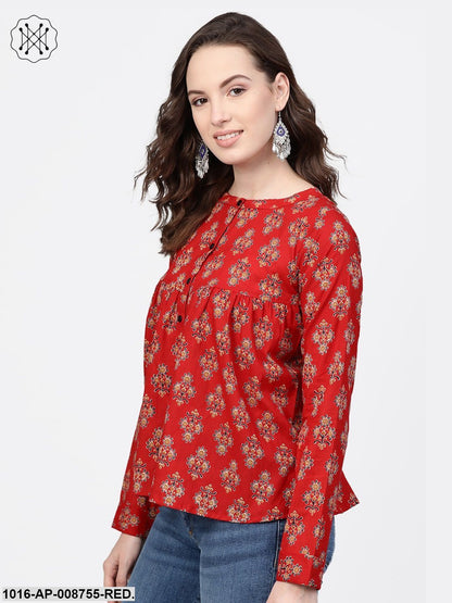 Red & Beige Printed Top with Round neck & full sleeves