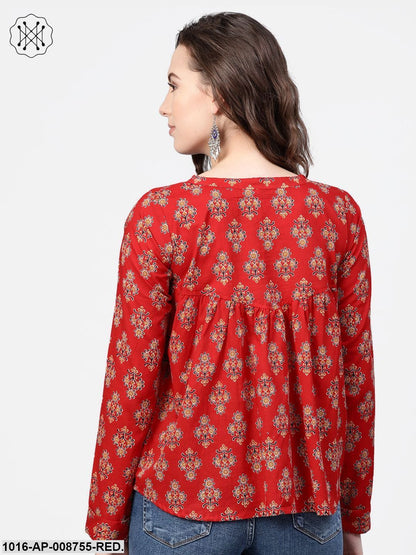 Red & Beige Printed Top with Round neck & full sleeves
