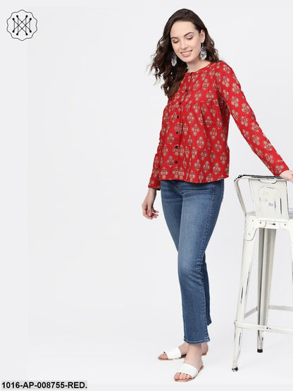 Red & Beige Printed Top with Round neck & full sleeves