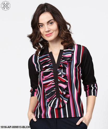 Black Striped Full Sleeve Crepe Tops