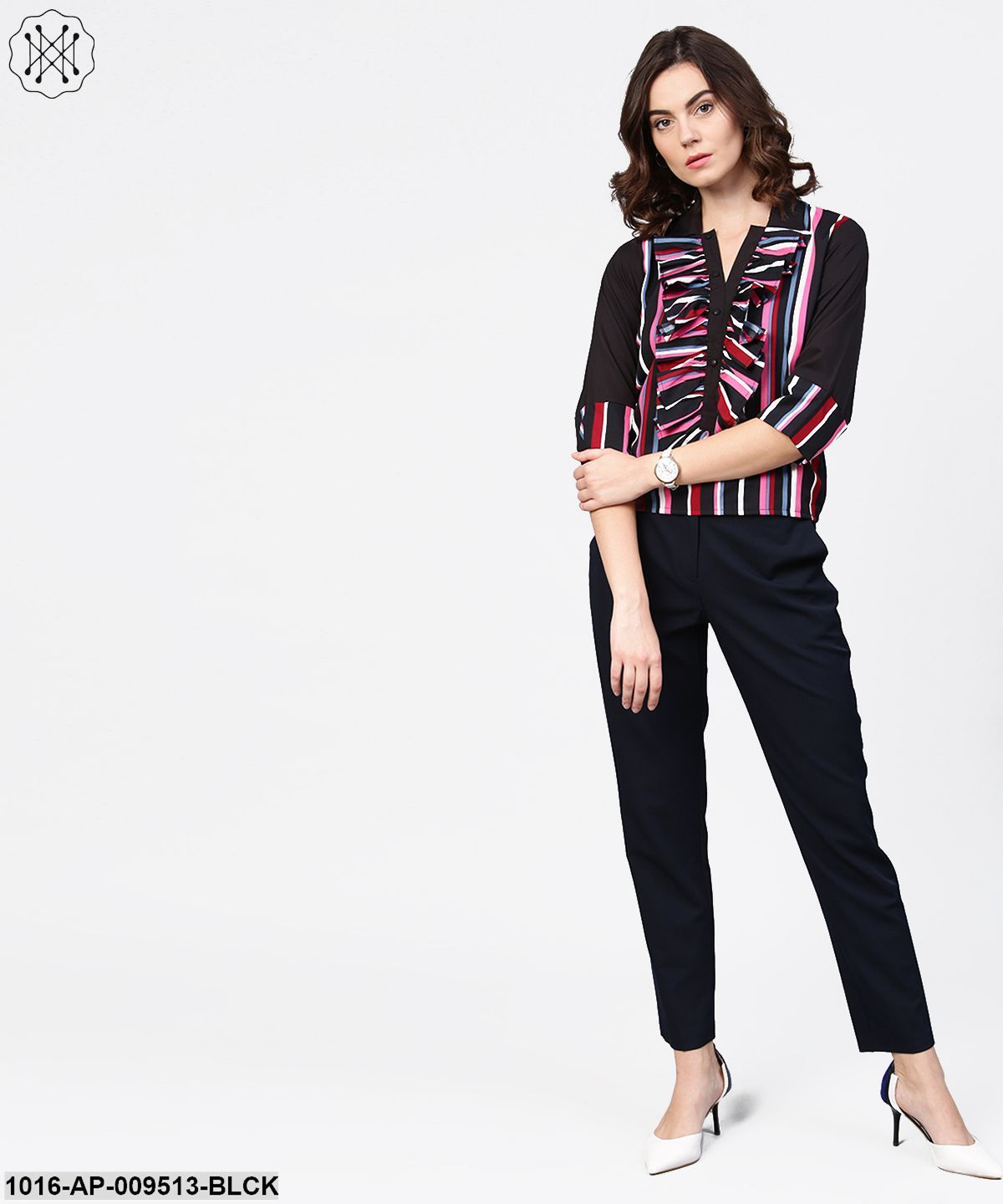Black Striped Full Sleeve Crepe Tops