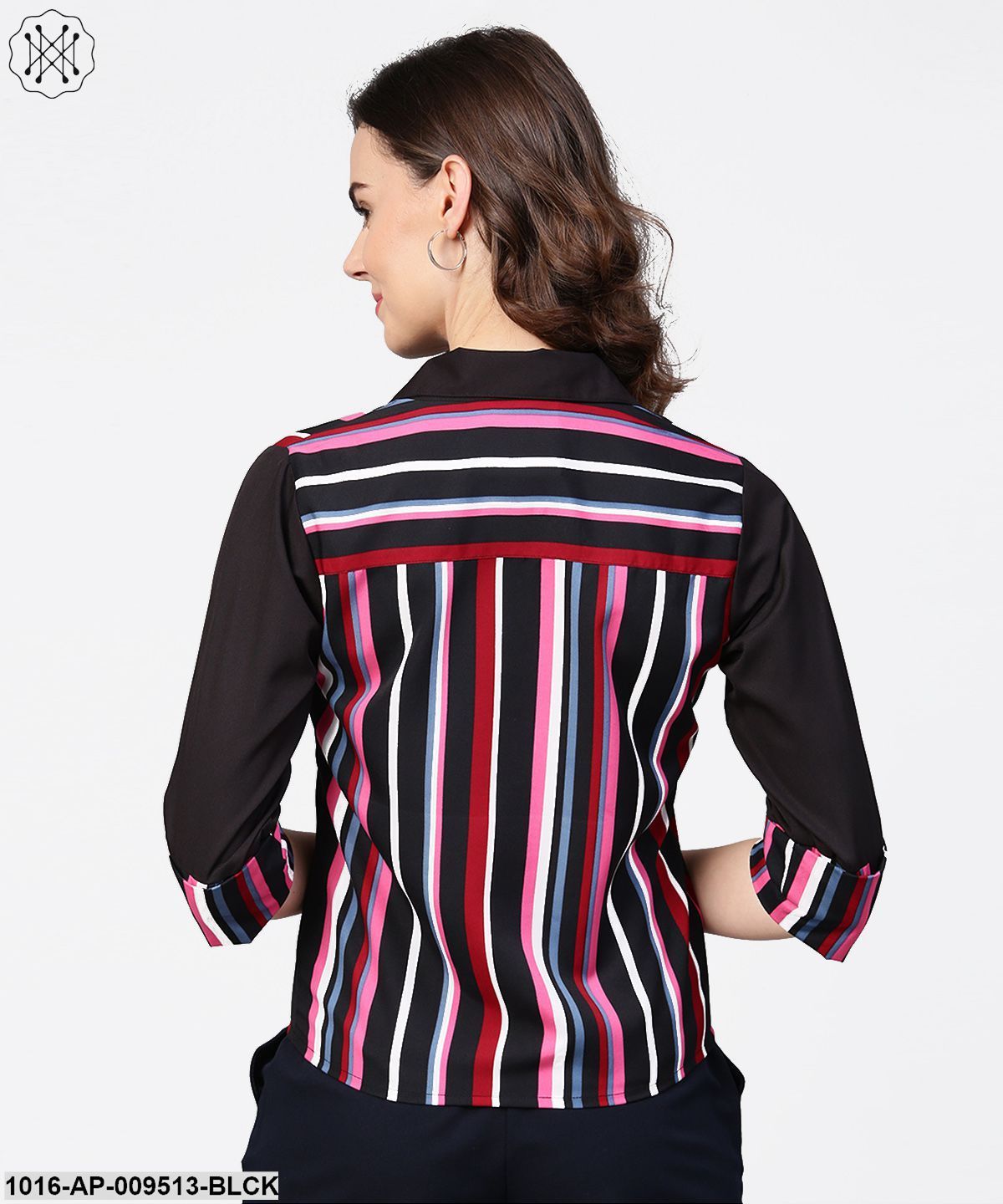 Black Striped Full Sleeve Crepe Tops