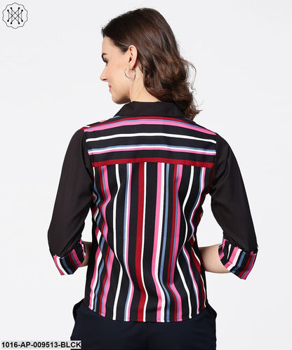 Black Striped Full Sleeve Crepe Tops