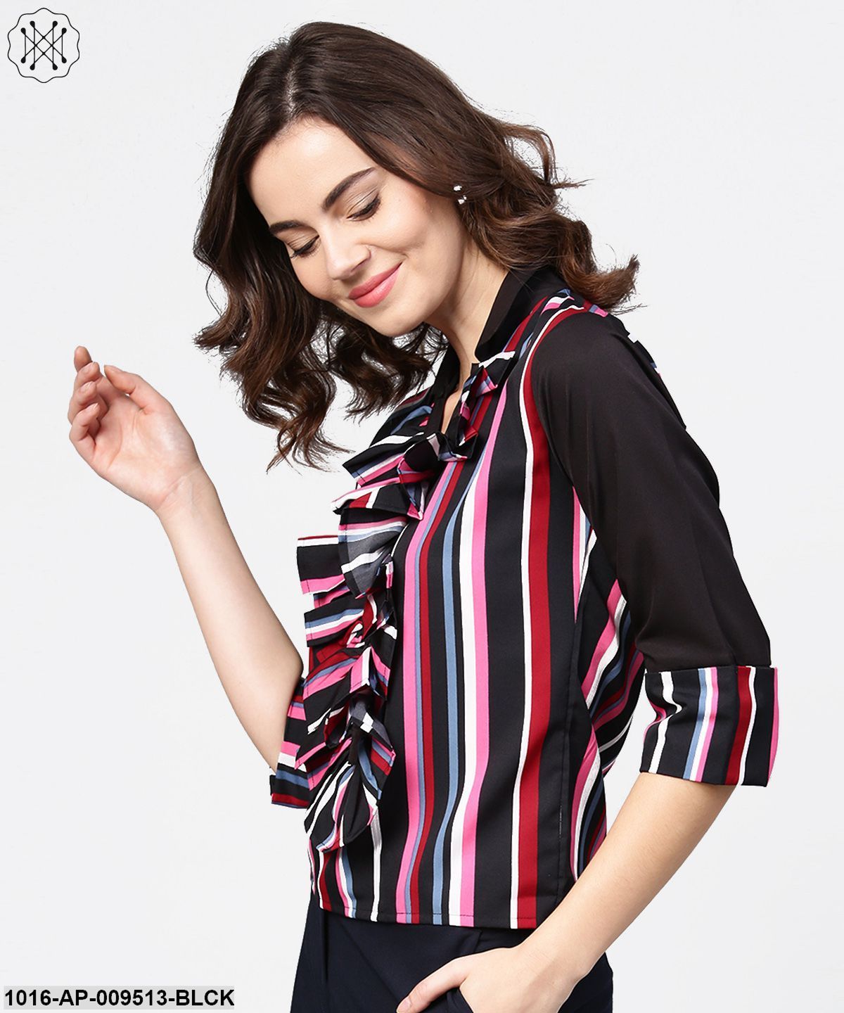 Black Striped Full Sleeve Crepe Tops