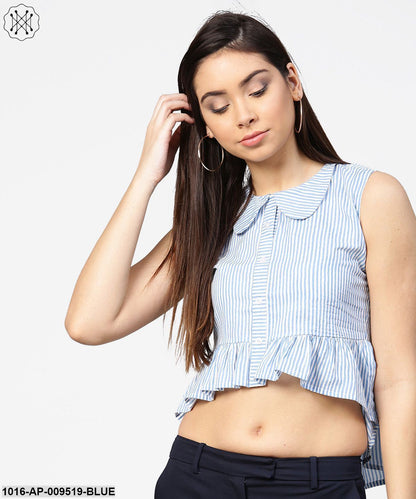 Blue Striped Cotton Sleeveless Front Open Top
