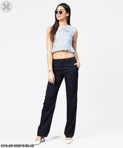 Blue Striped Cotton Sleeveless Front Open Top
