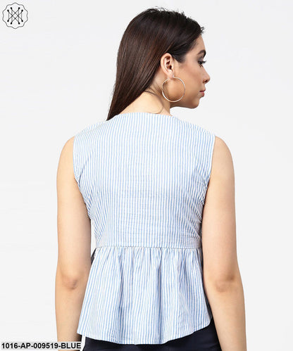 Blue Striped Cotton Sleeveless Front Open Top