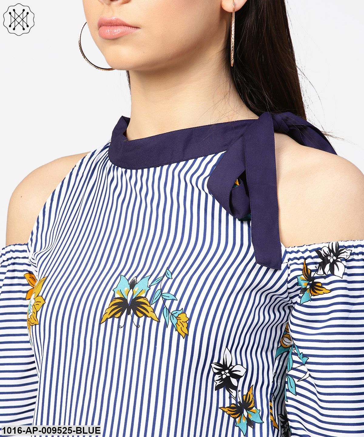 Blue Striped Flower Print Full Sleeve Cold Shoulder Top