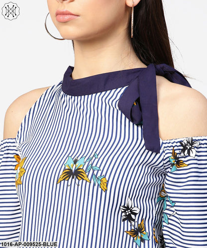 Blue Striped Flower Print Full Sleeve Cold Shoulder Top