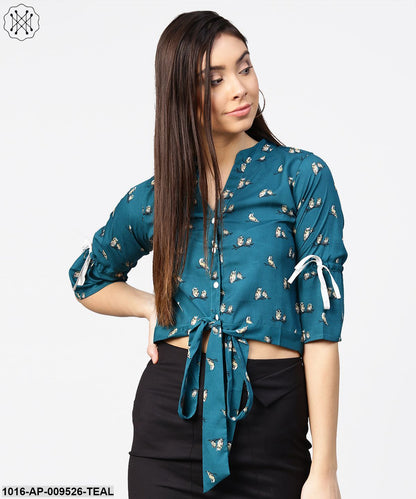 Teal Blue 3/4Th Sleeve Front Open Crop Top With Dori & Belt