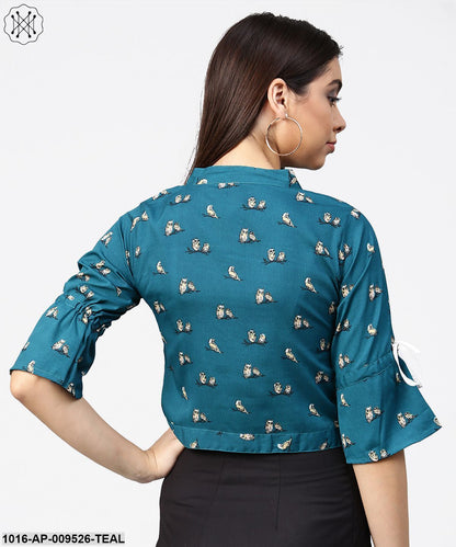 Teal Blue 3/4Th Sleeve Front Open Crop Top With Dori & Belt