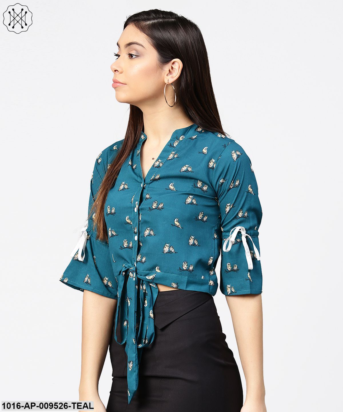 Teal Blue 3/4Th Sleeve Front Open Crop Top With Dori & Belt
