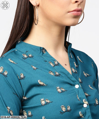 Teal Blue 3/4Th Sleeve Front Open Crop Top With Dori & Belt