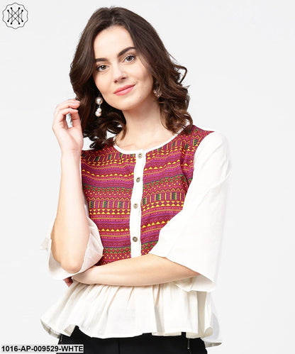 White & Red Printed 3/4Th Sleeve Cotton Crop Top