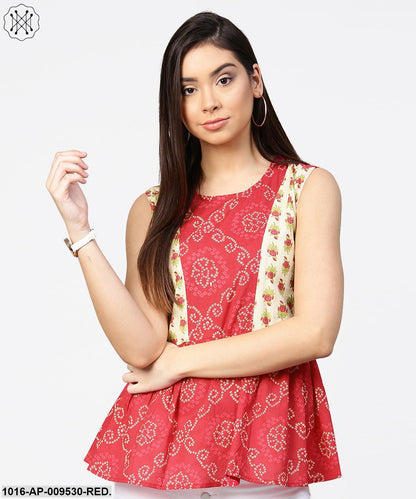 Red Printed Sleeveless Cotton Pleated Top
