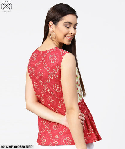 Red Printed Sleeveless Cotton Pleated Top