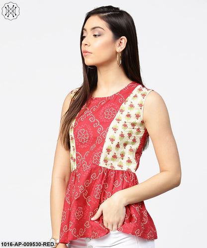 Red Printed Sleeveless Cotton Pleated Top