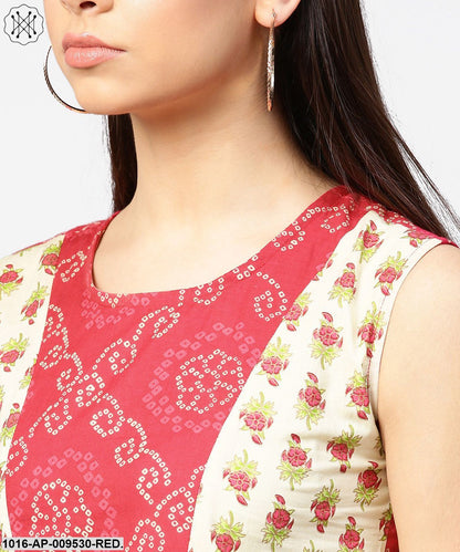 Red Printed Sleeveless Cotton Pleated Top