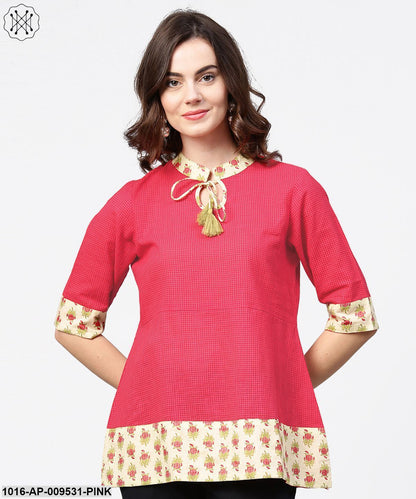 Pink Half Sleeve Key Hole Neck Cotton Tops With Printed Border