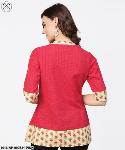 Pink Half Sleeve Key Hole Neck Cotton Tops With Printed Border