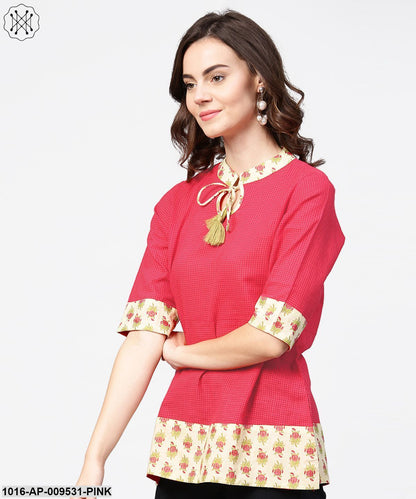 Pink Half Sleeve Key Hole Neck Cotton Tops With Printed Border